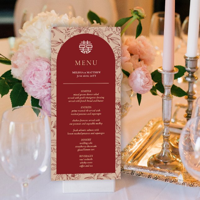 Menykort för elegant Blommigt kinesiskt Bröllop Bo (Elegant Floral Chinese Wedding Table Menu Card)