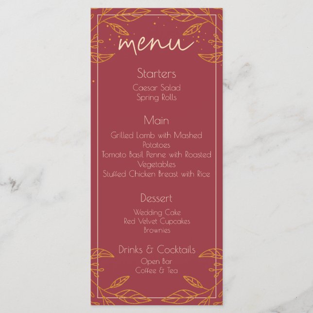 Menykort för elegant Burgundy & Guld Modern Bröllo Meny (Framsida)