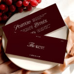 Menykort för elegant Burgundy & Ivory Bröllop Meny<br><div class="desc">Det här menykortet i elegant bröllop har en rik burgundär bakgrund med förfinad serif- och skripttypografi, vilket skapar en fetstilslös men tidlös design. Layouten innehåller dedikerade sektioner för starter, entréer och desserter som ger gästerna en snyggt förhandsgranskning av kvällens matupplevelse. Perfekt för formella mottagningar, vinodling bröllop eller klassiskt kvällssystem i...</div>