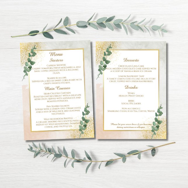Menykort för elegant Grönt & Guld Bröllop Meny (Elegant Green & Gold Wedding Menu)