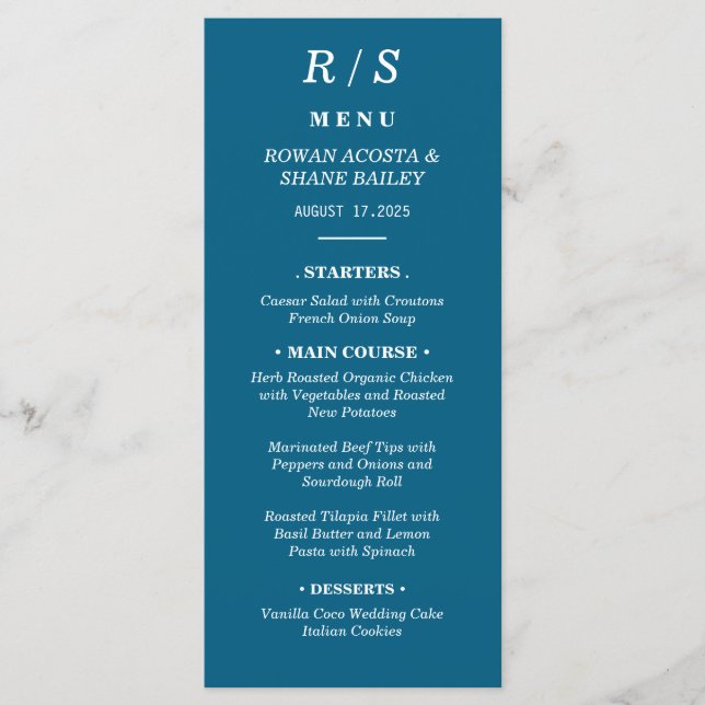 Menykort för elegant Klassiskt blått monogram Bröl Meny (Framsida)