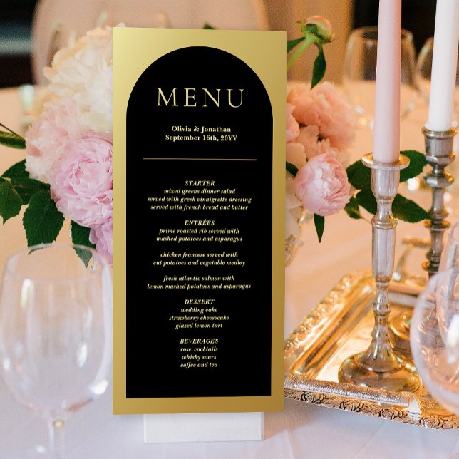 Menykort för elegant Modern Black Guld Bröllop Bor (Elegant Modern Black Gold Wedding Table Menu Card)