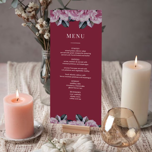 Menykort för elegant Romantic Blommigt Bröllop Bor Inbjudningar (Elegant Romantic Floral Wedding Table Menu Card)