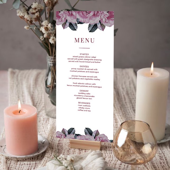 Menykort för elegant Romantic Blommigt Bröllop Bor Inbjudningar (Elegant Romantic Floral Wedding Table Menu Card)