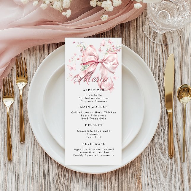 Menykort för elegant-Rosa med rasterflikar Meny (Pink Bow Pearls Menu Card)