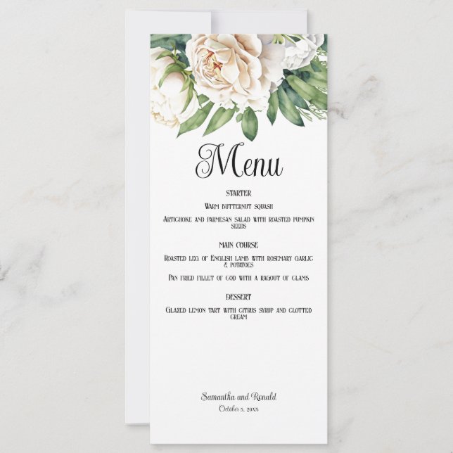 Menykort för elegant Vit ros och Peonies Bröllop Inbjudningar (Framsida)
