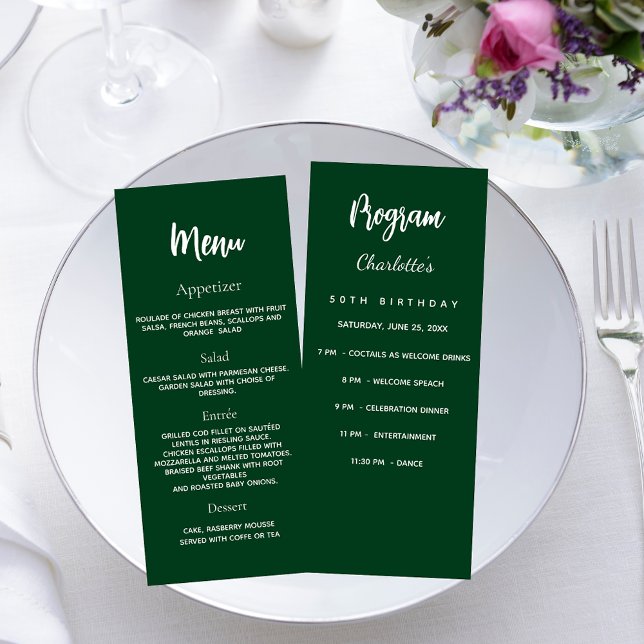 Menykort för Emerald grönt-födelsedagsprogram Reklamkort (Skapare uppladdad)