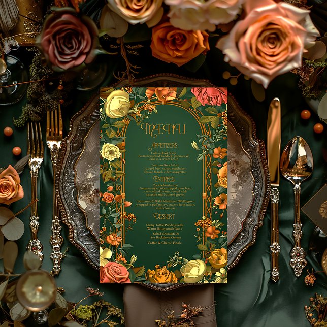 Menykort för engelska hösten Bröllop - Druid Backe (Druid Hills Woodland Floral Wedding Menu)