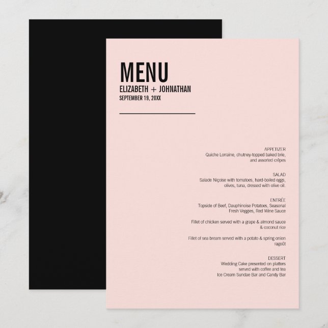 Menykort för enkel och minimal Rosa Bröllop Meny (Fram/baksida)