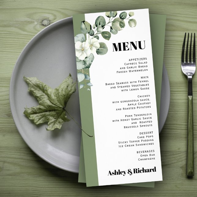 Menykort för Eucalyptus gren och blommor bröllop Reklamkort (Skapare uppladdad)