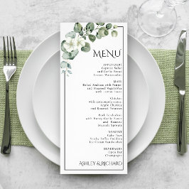 Menykort för eukalyptus och vita blommor bröllop reklamkort