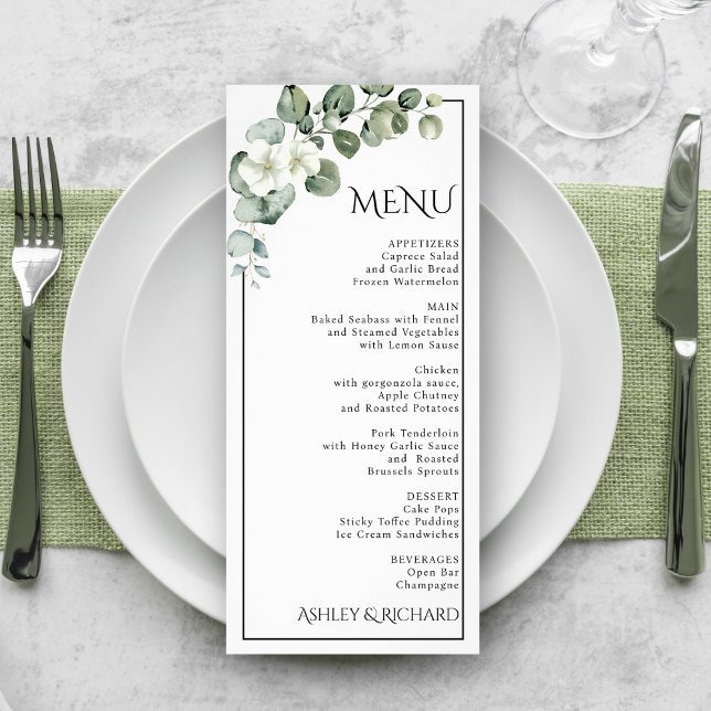 Menykort för eukalyptus och vita blommor bröllop reklamkort (Skapare uppladdad)