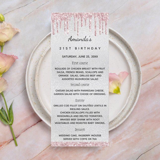 Menykort för födelsedagskalender för silver rosa b inbjudningar (Skapare uppladdad)
