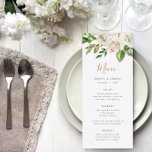 Menykort för Gilded Blooms Bröllop Meny<br><div class="desc">Menykort för bröllop som skrivs ut i anpassningsbar. Använda designen verktyg om du vill anpassa layout,  färg och text i bakgrunden med information om bröllop-menyn. Den här eleganten har en vattenfärgsbukett i grönt och vit blommigt med faux guld-folie.</div>