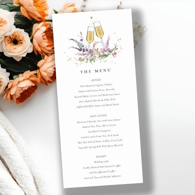 Menykort för glasögon Blommigt Bröllop i rosa Guld Tack Kort (Skapare uppladdad)