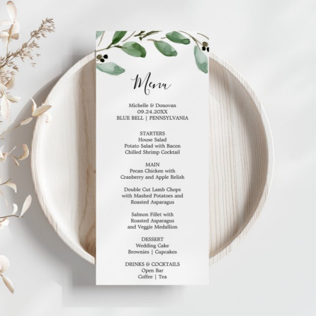 Menykort för Grey Tropical Eucalyptus Dinner Menu  Inbjudningar (Skapare uppladdad)