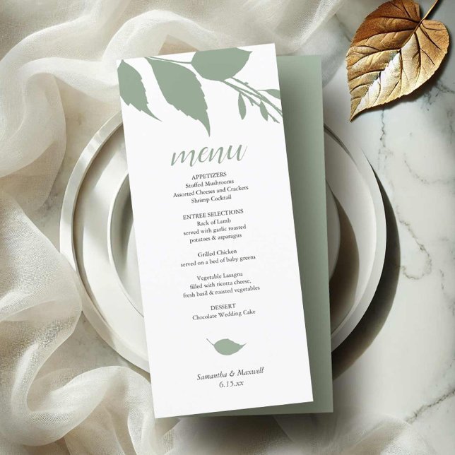 Menykort för grönt Bröllop Meny (Wedding menu card tea length minimalist sage green leaves by Victoria Grigaliunas Do Tell A Belle)