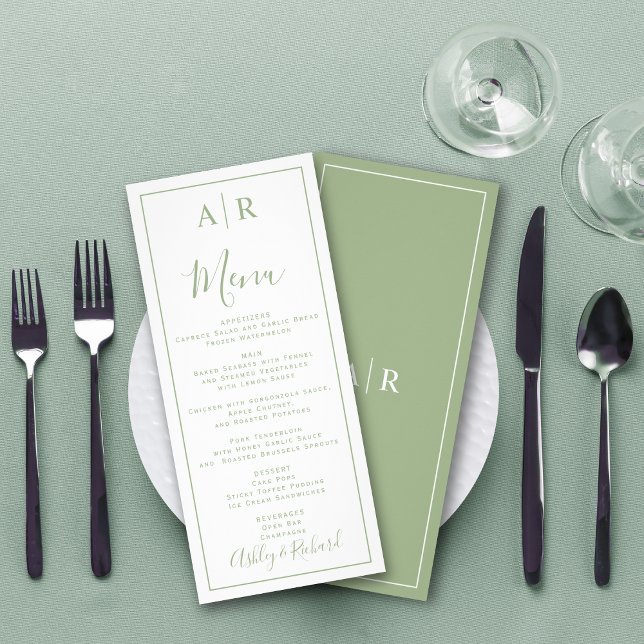 Menykort för grönten bröllop på elegant initialer reklamkort (Skapare uppladdad)