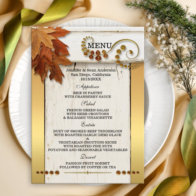Menykort för guld Höst löv Bröllop Meny (Boho chic wedding menu featuring colorful fall leaves on rustic wood and stylish gold)