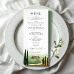 Menykort för Italien Toscana bröllop Reklamkort<br><div class="desc">Menykort för vattenfärgen Tuscany liggande bröllop. Det här toskanska besöket på bröllopskorten för vattenfärger erbjuder gästerna en häftig glimt in i den idylliska Medelhavsmiljö där paret firar sin union. I designen visas områdets andningslandskap, komplett med det toskanska valbara backe, cypress och villor, som återges i känsliga vattenfärgsfärger. Med inspiration från...</div>