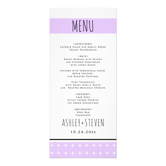 Menykort för lavender bröllop i hand plockade reklamkort (Framsidan)