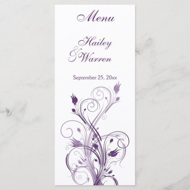 Menykort för lila och vit Blommigt Meny (Framsida)