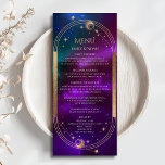 Menykort för Lila Teal Sol Måne Bröllop Meny<br><div class="desc">Kortet för den kosmetiska Lilan Teal Guld Sol Stars Bröllop har guld sol,  måne och stjärnor på en känslofull bakgrund med menydetaljer i mitten i det moderna Måne-kalligrafiskriptet. Anpassa genom att redigera texten i textrutorna. Designad för dig av © Evco Studio www.zazzle.com/store/evcostudio</div>