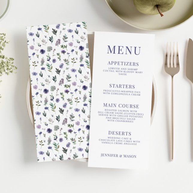 Menykort för lila violett blommigt Rustic bröllop (Skapare uppladdad)