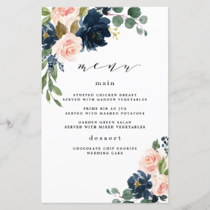 Menykort för marin blå och  Rosa Blommigt Bröllop