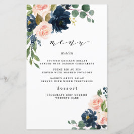 Menykort för marin blå och  Rosa Blommigt Bröllop