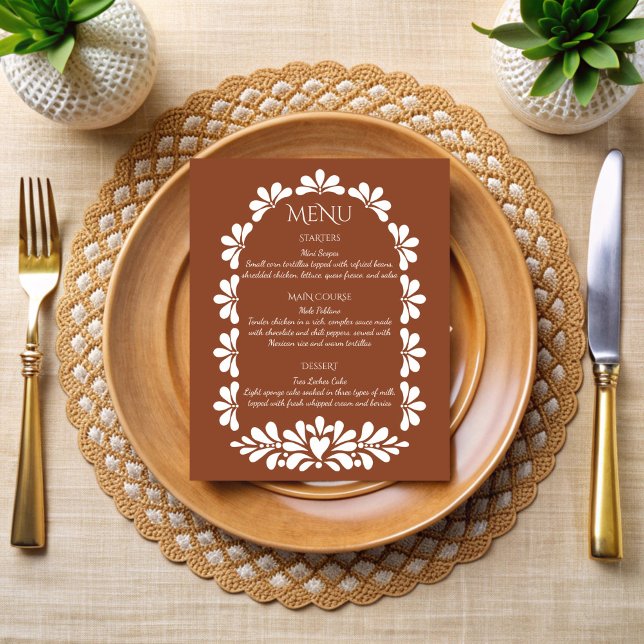 Menykort för mexikansk fiesta talavera terracotta  (Mexican fiesta vintage talavera terracotta boho arch menu cards personalized menu cards )