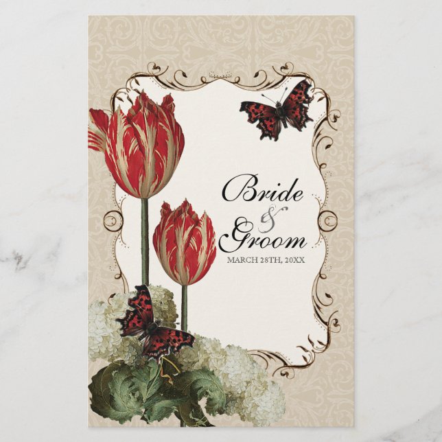Menykort för middag - Tan n Cream Red Tulip Damask (Framsida)