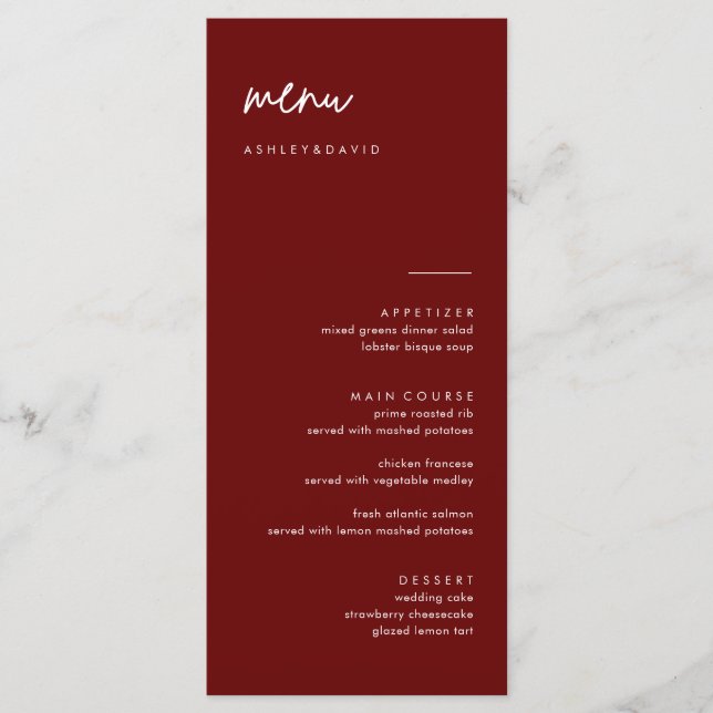 Menykort för Modern Burgundy Bröllop Meny (Framsida)