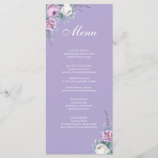 Menykort för Modern Lavender Lila Bröllop Meny (Framsida)