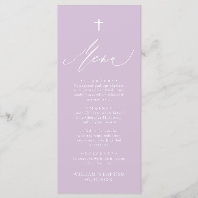 Menykort för modern Lila White Kor Girl Baptism Meny (Framsida)