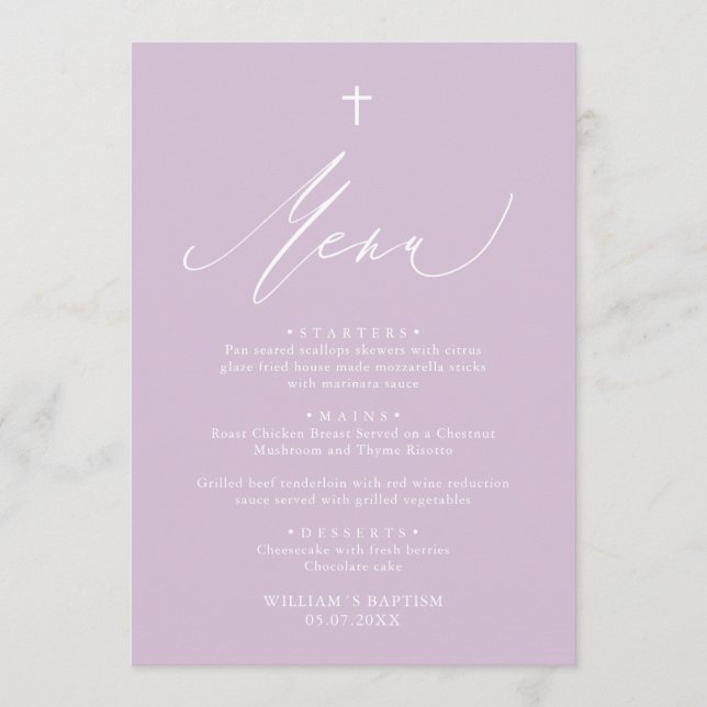 Menykort för modern Lila White Kor Girl Baptism Meny (Framsida)