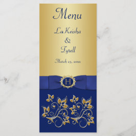 Menykort för Monogram Blue, Guld Blommigt Meny