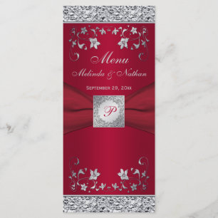 Menykort för Monogram Red, Silver Foil-LOOK-Blommi Meny