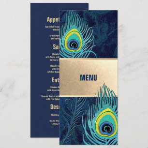 Menykort för peacock Feather Navy Blue Guld Bröllo Meny