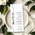 Menykort för plåt i Finare skript 4x9 Bröllop Meny<br><div class="desc">Ett enkelt menykort för calligraphy bröllop i chic. Jag erbjuder en kostnadsfri anpassningstjänst. Om du har några frågor eller speciella förfrågningar kan du kontakta mig.</div>