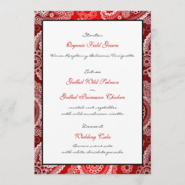 Menykort för Red Shimmer Satin White Snöre Paisley Meny