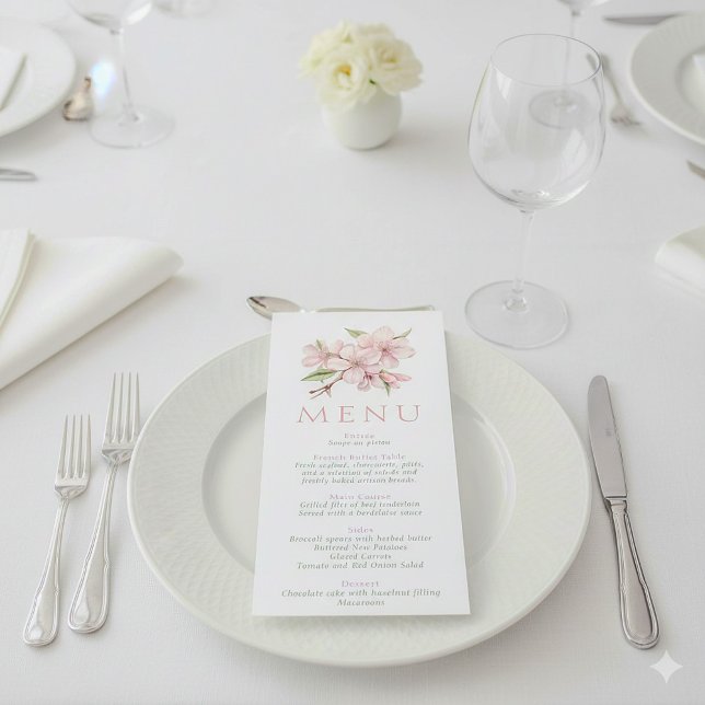 Menykort för  Rosa Blommigt Bröllop Meny (Cherry blossom wedding reception meal menu)