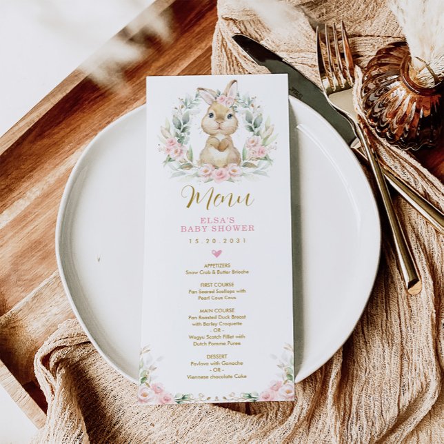 Menykort för rosa Blommigt Kanin Bunny Baby Shower Inbjudningar (Skapare uppladdad)