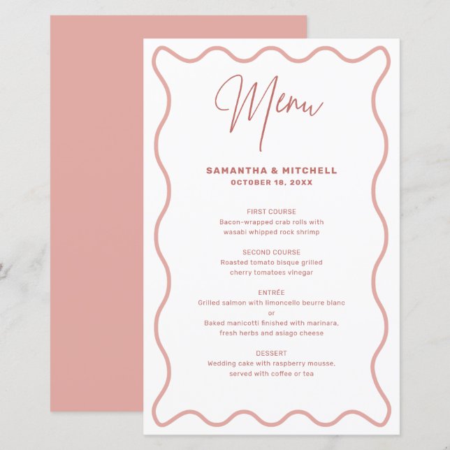 Menykort för rosa och vit Vågigt Gräns (Fram/baksida)