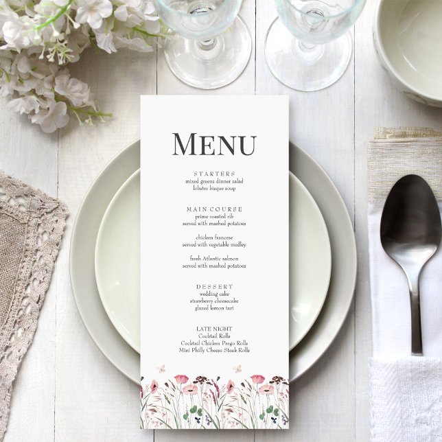 Menykort för rosa Poppy Meadow Bröllop Meny (Pink Poppy Meadow Wedding Menu Card on a boho white wedding table)