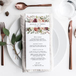 Menykort för Rustic Bloom Bröllop Meny<br><div class="desc">Chicens höstmeny bröllop innehåller ditt startande kurser, dina inlägg och dina efterrätter i elegant, med ditt namn- och bröllop-datum omgivet av vattenfärgen ro och morsa i marsala, burgundy, rosa och elfenben, med mörk grönt löv och löv. Samordnar med vår insamling av Rustic Bloom bröllop för fall- och vinterbröllop. Lägg till...</div>