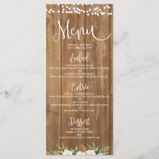 Menykort för Rustic Rosa Blommigt & Wood Bröllop Meny