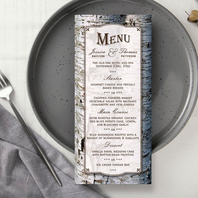 Menykort för Rustic Silver Birch Träd Bröllop Reklamkort (Skapare uppladdad)