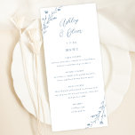 Menykort för Rustic White & Dusty Blue Blommigt Br Program<br><div class="desc">Det här vackra bröllopsmenykortet har en klassisk vit bakgrund med handritade vilda blommor och elegantens typografi i dammig blå. Tillsammans skapar dessa inslag en strålande meny, men elegant bröllop, som skulle vara perfekt för ett romantiskt bröllop när som helst på året. Den här designen koordinerar med vår Rustic Wildblommor bröllop-svit....</div>
