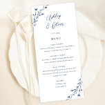 Menykort för Rustic White & Navy Blue Blommigt Brö Program<br><div class="desc">Det här vackra bröllopsmenykortet har en klassisk vit bakgrund med handritade vilda blommor och elegant i marinblått. Tillsammans skapar dessa inslag en strålande meny, men elegant bröllop, som skulle vara perfekt för ett romantiskt bröllop när som helst på året. Den här designen koordinerar med vår Rustic Wildblommor bröllop-svit. Se samlingen...</div>